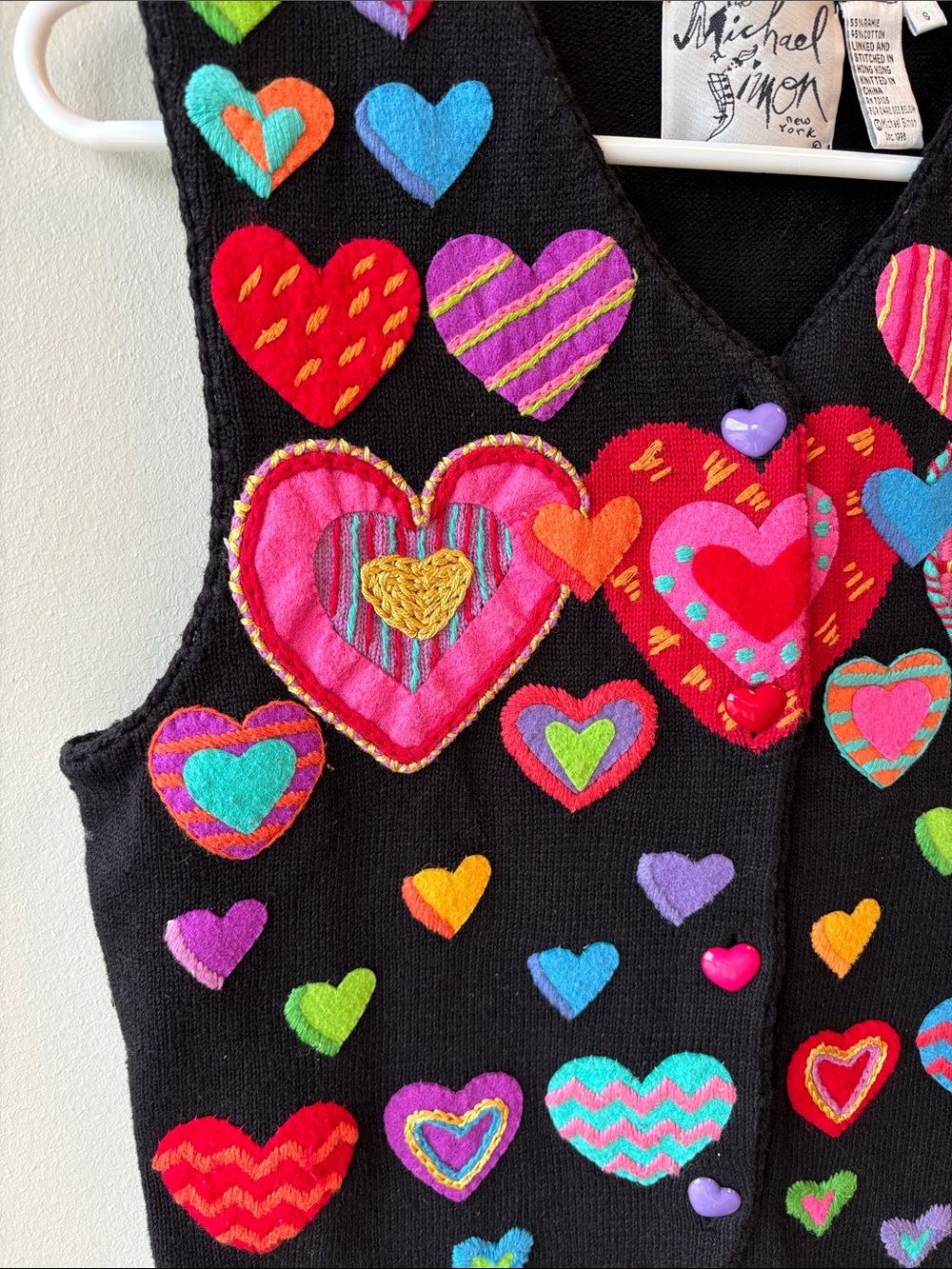Michael Simon vintage Black Sweater vest with Pink and Yellow Embroidery hearts - Picture 3 of 5